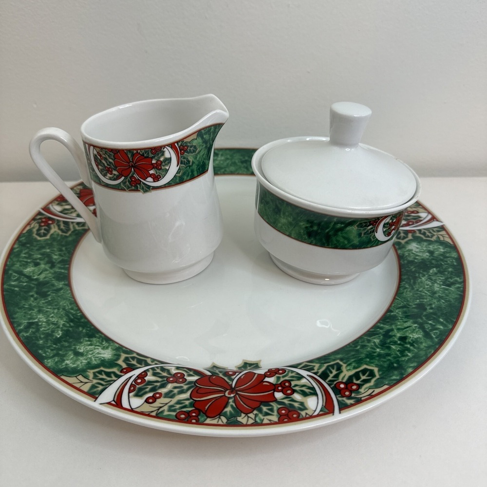 GIBSON SUGAR BOWL WITH LID AND CREAMER SET/ Serving Plate POINSETTIA CHRISTMAS